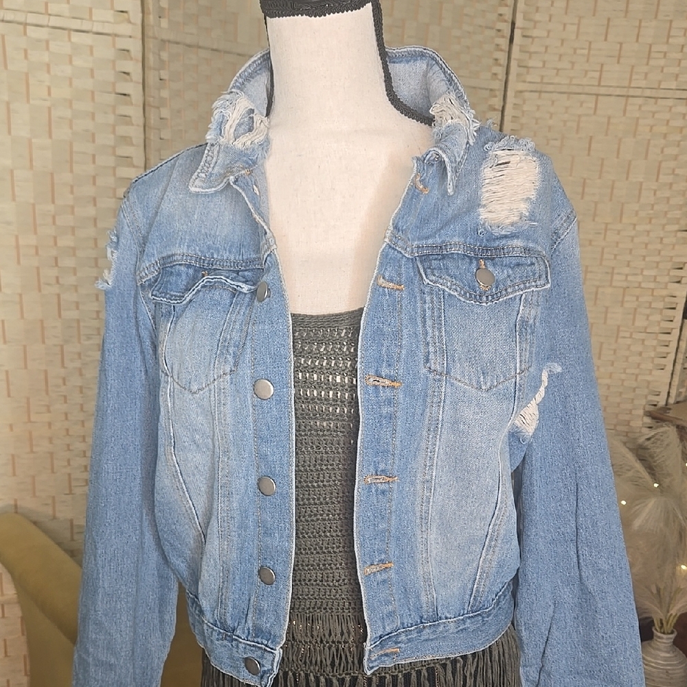 Distressed Denim Jacket Size Large. NWOT